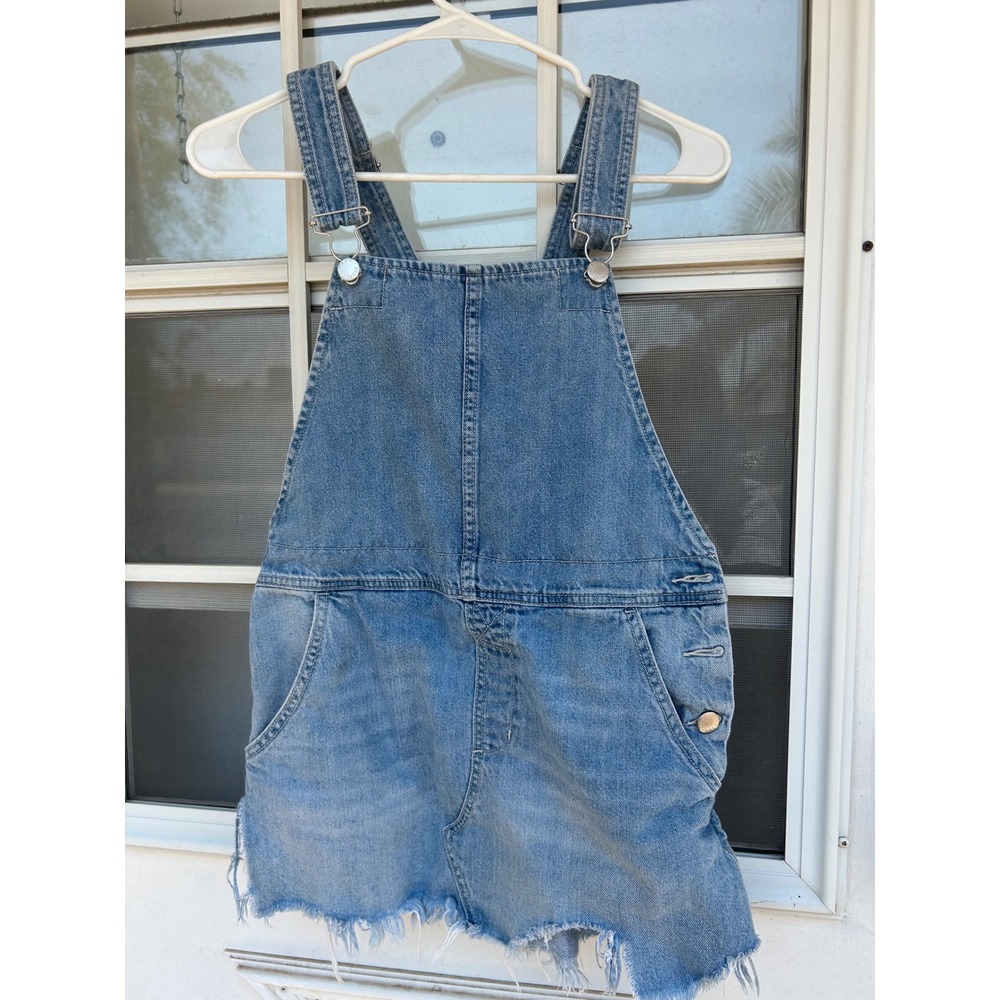 Free People Denim Overall Mini Dress Light Wash Blue Raw Hem Size 2